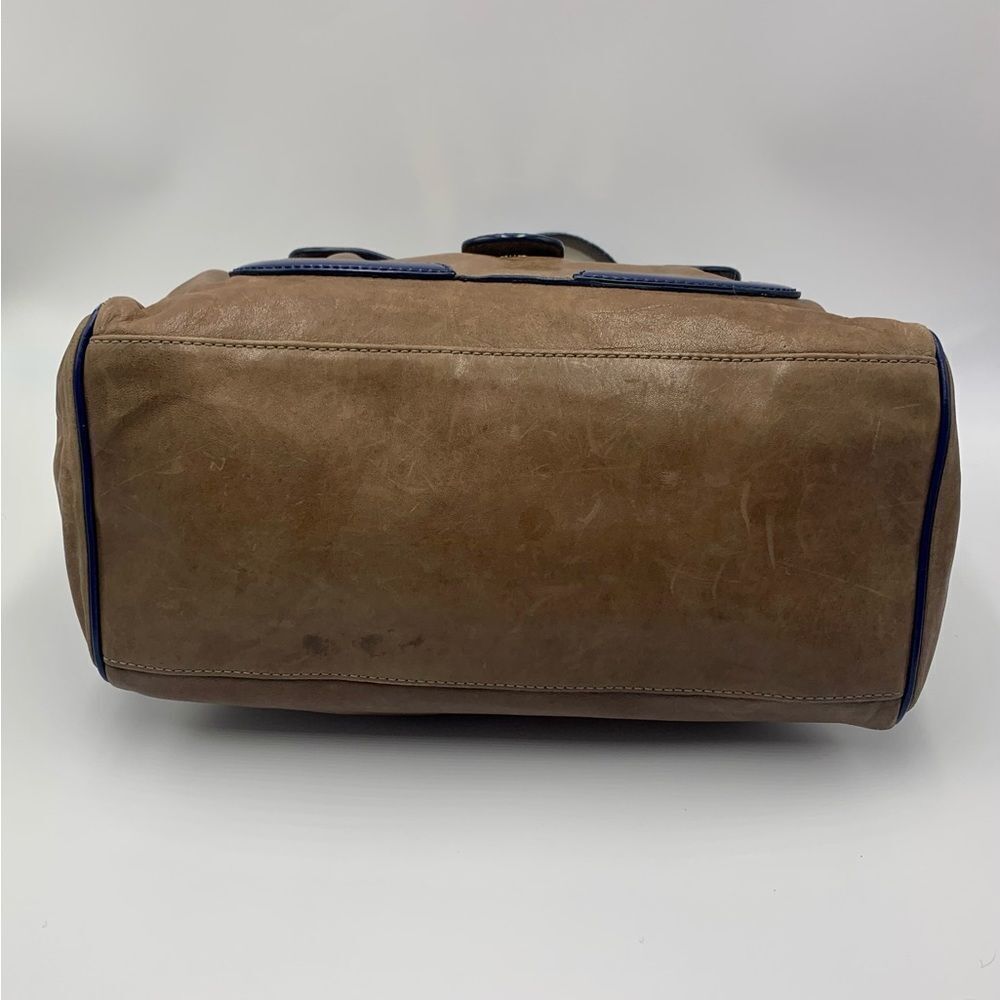 Auth Balenciaga Smooth Brown Leather Navy Patent Top Handle Moon Bag Preloved - Picture 10 of 14